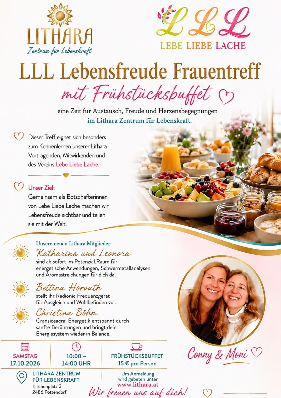 Einladungsplakat: LLL Lebensfreude Frauentreff mit Frühstücksbuffet am 17. Oktober im LITHARA Pottendorf