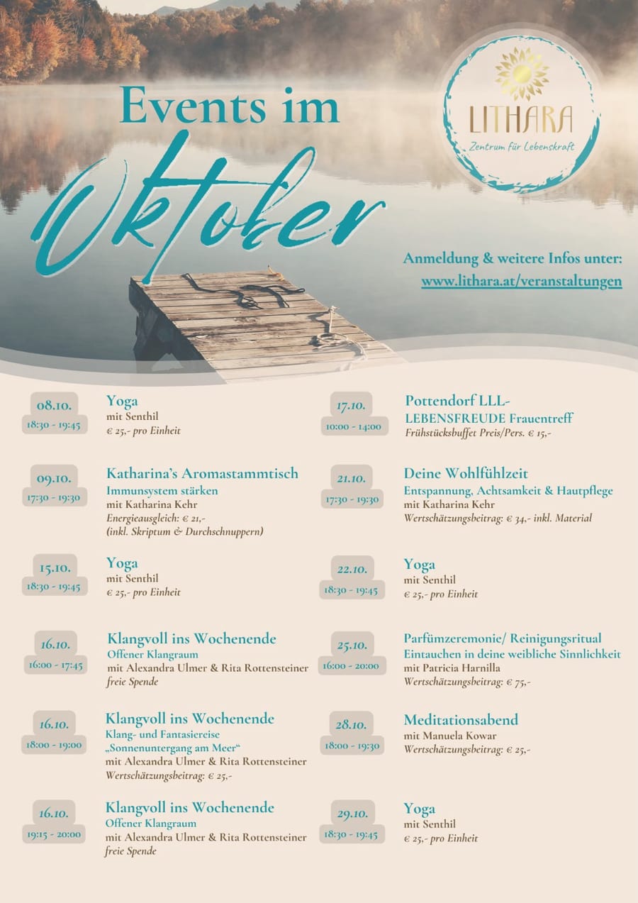 Events im Oktober im LITHARA – Zentrum für Lebenskraft: Yoga, Klangraum, Meditationsabend und mehr